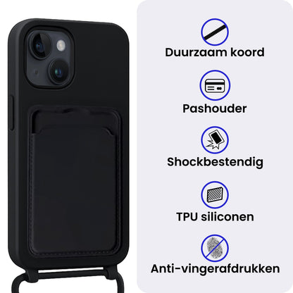 iPhone 14 Hoesje Met Telefoonkoord en Pasjeshouder Siliconen - Zwart