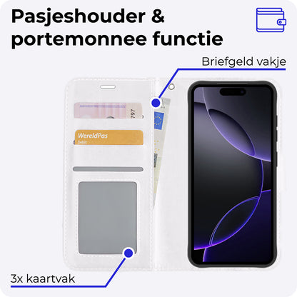 iPhone 16 Pro Hoesje Bookcase Cover met Kaarthouder - Wit