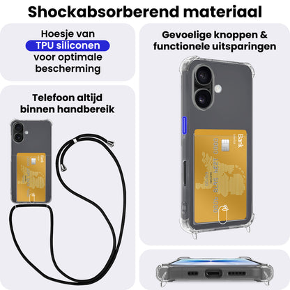 iPhone 17 Hoesje Kaarthouder met Koord Backcover Shockproof - Transparant