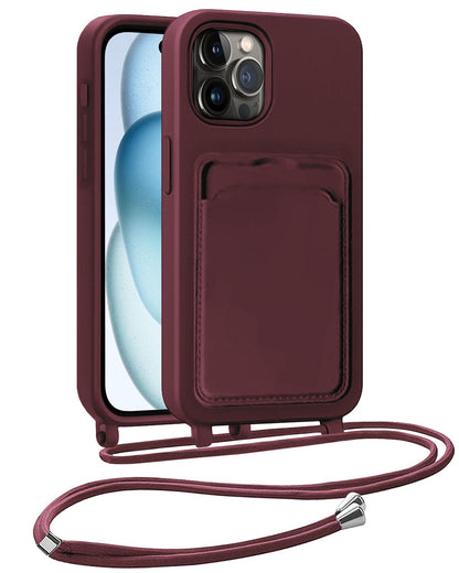 iPhone 15 Pro Hoesje Met Telefoonkoord en Pasjeshouder Siliconen - Aubergine