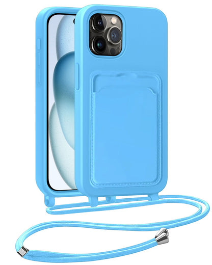 iPhone 14 Pro Max Hoesje Met Telefoonkoord en Pasjeshouder Siliconen - Lichtblauw