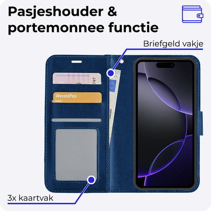 iPhone 16 Pro Max Hoesje Bookcase Cover met Kaarthouder - Donkerblauw