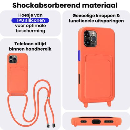 iPhone 16 Pro Hoesje Met Telefoonkoord en Pasjeshouder Siliconen - Papaya