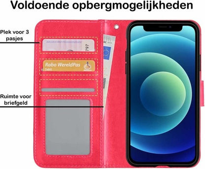 iPhone 12 Hoesje Bookcase Cover Uitneembaar - Donkerroze