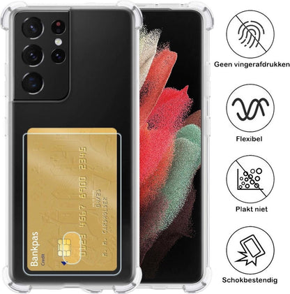 Samsung S21 Ultra Hoesje Kaarthouder Backcover Shockproof - Transparant