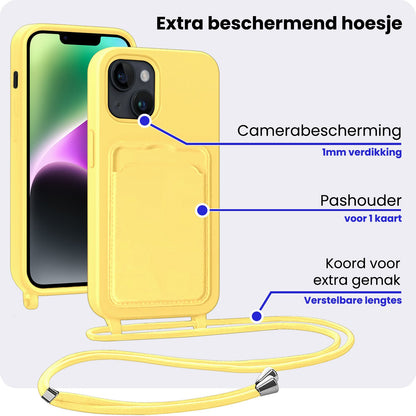 iPhone 14 Plus Hoesje Met Telefoonkoord en Pasjeshouder Siliconen - Geel