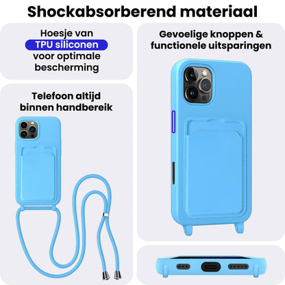 iPhone 16 Pro Max Hoesje Met Telefoonkoord en Pasjeshouder Siliconen - Lichtblauw