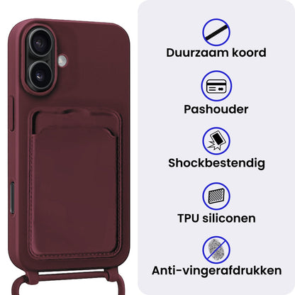 iPhone 16 Hoesje Met Telefoonkoord en Pasjeshouder Siliconen - Aubergine