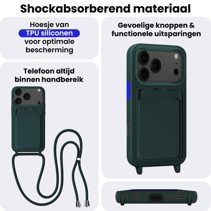 iPhone 17 Pro Max Hoesje Met Telefoonkoord en Pasjeshouder Siliconen - Donkergroen