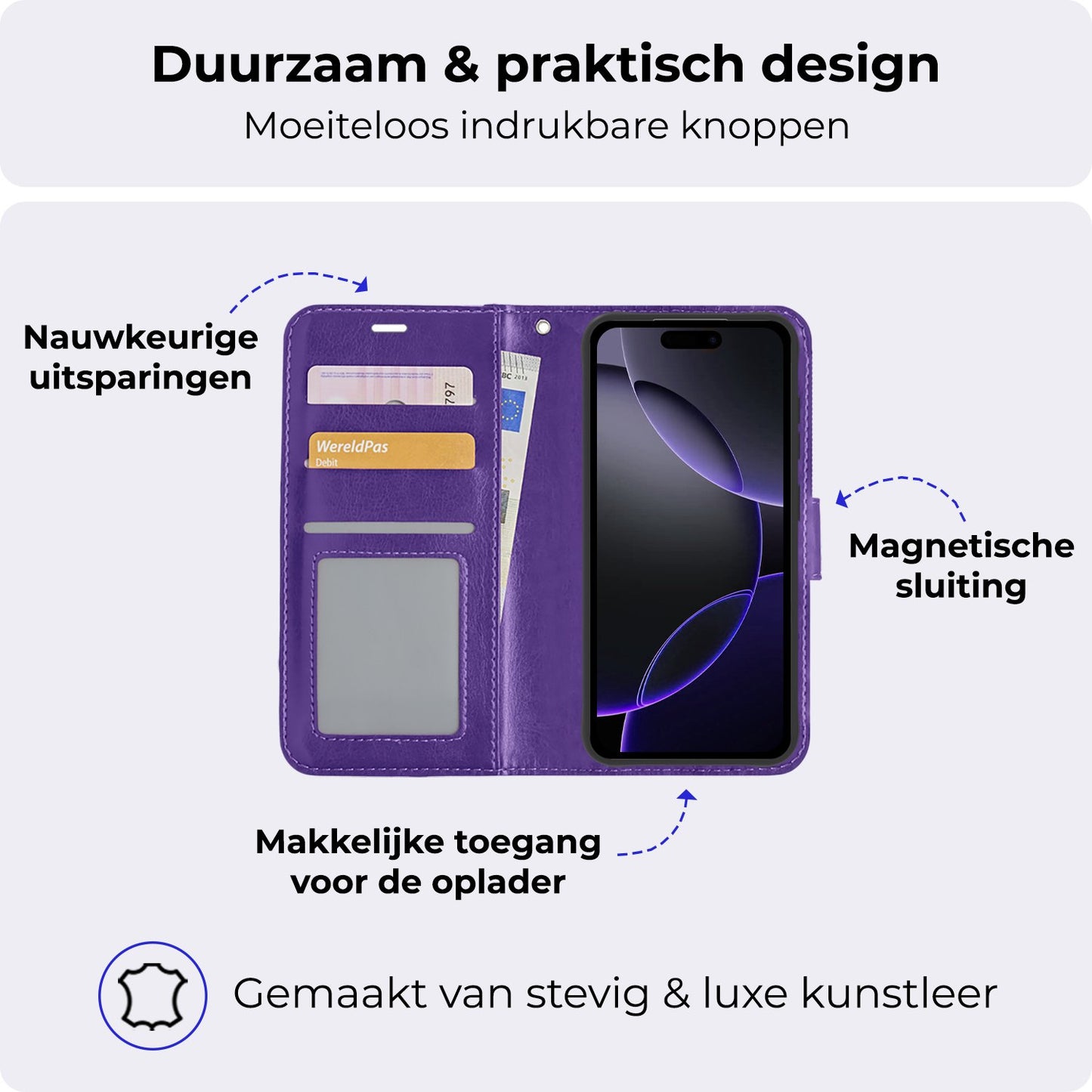 iPhone 16 Pro Max Hoesje Book Case Kunstleer - Paars