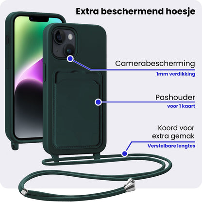 iPhone 14 Plus Hoesje Met Telefoonkoord en Pasjeshouder Siliconen - Donkergroen