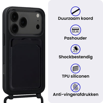iPhone 17 Pro Max Hoesje Met Telefoonkoord en Pasjeshouder Siliconen - Zwart