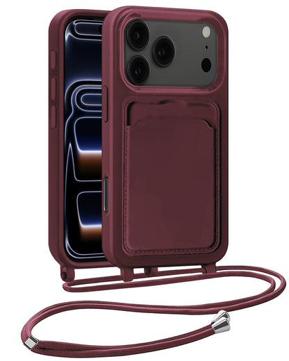 iPhone 17 Pro Hoesje Met Telefoonkoord en Pasjeshouder Siliconen - Aubergine