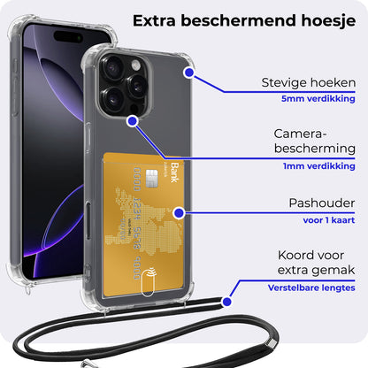 iPhone 16 Pro Hoesje Met Pashouder en Koord - Transparant