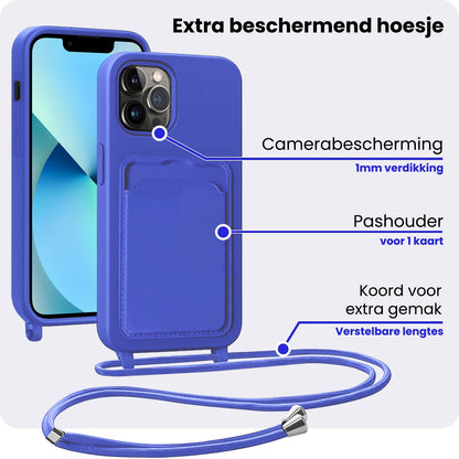 iPhone 13 Pro Hoesje Met Telefoonkoord en Pasjeshouder Siliconen - Felblauw