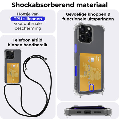 iPhone 16 Pro Max Hoesje Kaarthouder met Koord Backcover Shockproof - Transparant