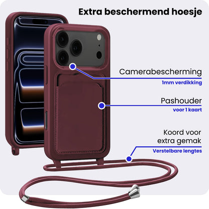 iPhone 17 Pro Hoesje Met Telefoonkoord en Pasjeshouder Siliconen - Aubergine