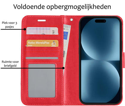 iPhone 15 Hoesje Bookcase Cover met Kaarthouder - Rood