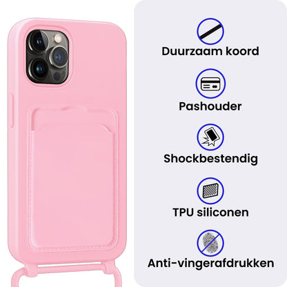 iPhone 15 Pro Hoesje Met Telefoonkoord en Pasjeshouder Siliconen - Lichtroze