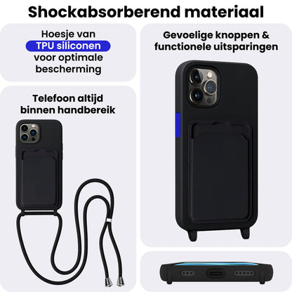 iPhone 13 Pro Hoesje Met Telefoonkoord en Pasjeshouder Siliconen - Zwart