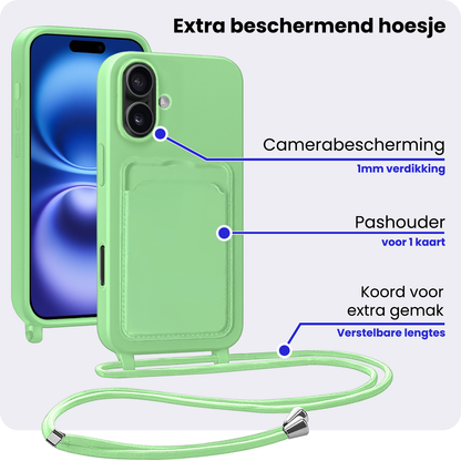iPhone 16 Hoesje Met Telefoonkoord en Pasjeshouder Siliconen - Groen