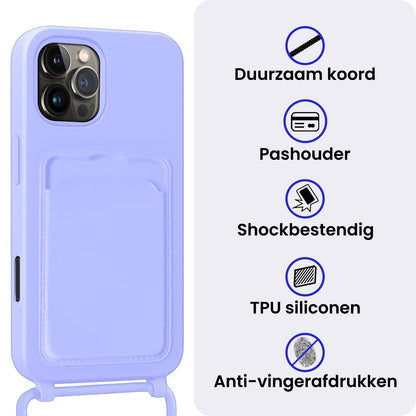 iPhone 16 Pro Max Hoesje Met Telefoonkoord en Pasjeshouder Siliconen - Lila