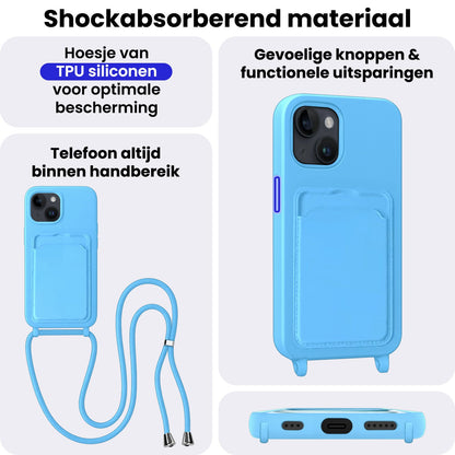 iPhone 15 Plus Hoesje Met Telefoonkoord en Pasjeshouder Siliconen - Lichtblauw