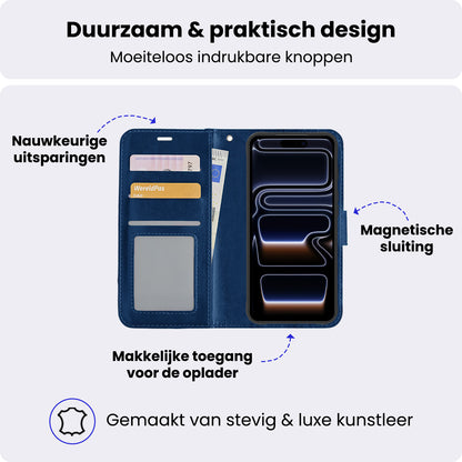 iPhone 17 Pro Max Hoesje Bookcase Cover met Kaarthouder - Donkerblauw