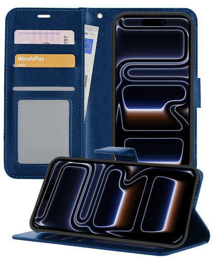 iPhone 17 Pro Hoesje Bookcase Cover met Kaarthouder - Donkerblauw
