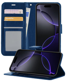 iPhone 16 Pro Max Hoesje Bookcase Cover met Kaarthouder - Donkerblauw