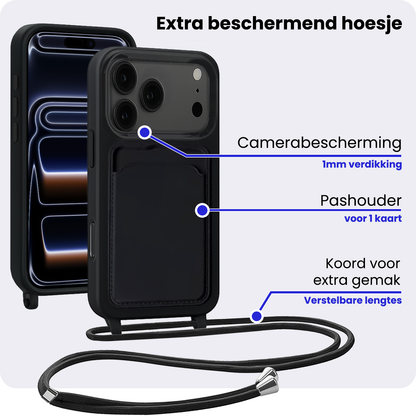 iPhone 17 Pro Max Hoesje Met Telefoonkoord en Pasjeshouder Siliconen - Zwart