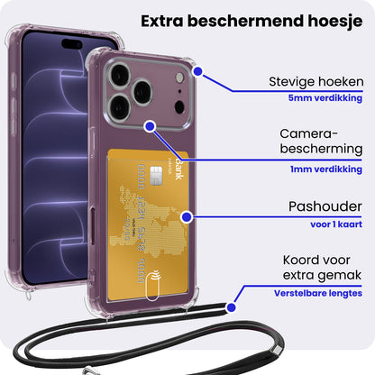 iPhone 18 Pro Hoesje Kaarthouder met Koord Backcover Shockproof - Transparant