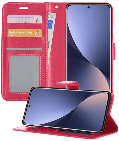 Xiaomi 12 Hoesje Bookcase Cover met Kaarthouder - Donkerroze