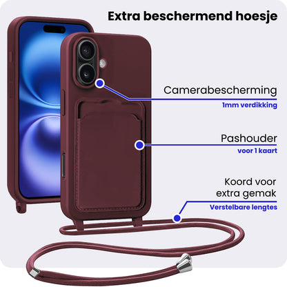 iPhone 16 Hoesje Met Telefoonkoord en Pasjeshouder Siliconen - Aubergine