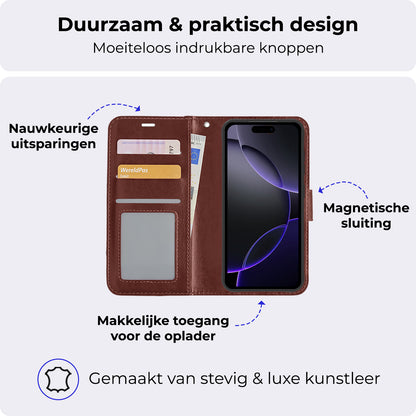 iPhone 16 Pro Max Hoesje Bookcase Cover met Kaarthouder - Bruin