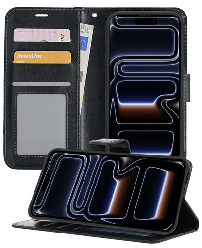 iPhone 17 Pro Hoesje Bookcase Cover met Kaarthouder - Zwart