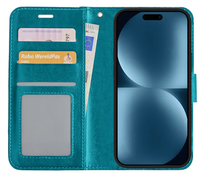 iPhone 15 Plus Hoesje Bookcase Cover met Kaarthouder - Turquoise