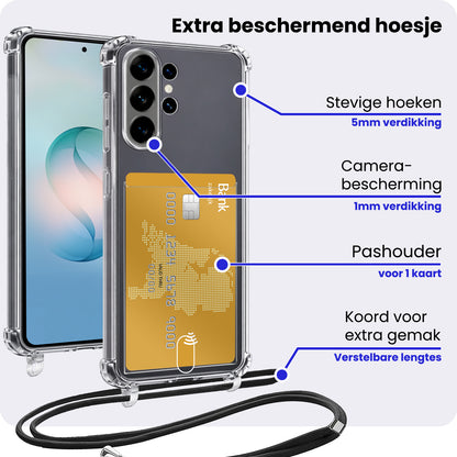 Samsung S26 Ultra Hoesje Kaarthouder met Koord Backcover Shockproof - Transparant