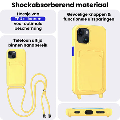 iPhone 15 Plus Hoesje Met Telefoonkoord en Pasjeshouder Siliconen - Geel
