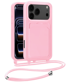 iPhone 17 Pro Max Hoesje Met Telefoonkoord en Pasjeshouder Siliconen - Lichtroze