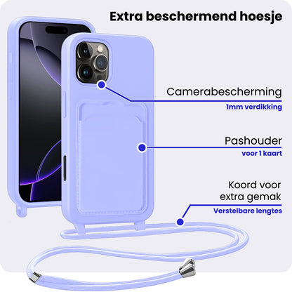 iPhone 16 Pro Hoesje Met Telefoonkoord en Pasjeshouder Siliconen - Lila