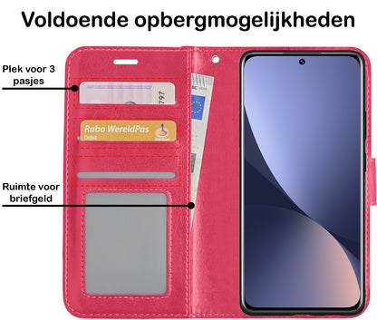Xiaomi 12 Hoesje Bookcase Cover met Kaarthouder - Donkerroze