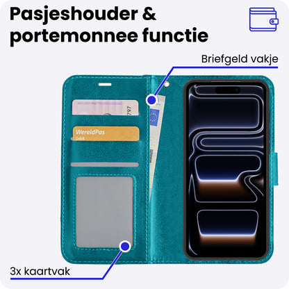 iPhone 17 Pro Max Hoesje Bookcase Cover met Kaarthouder - Turquoise