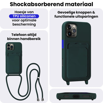 iPhone 16 Pro Hoesje Met Telefoonkoord en Pasjeshouder Siliconen - Donkergroen