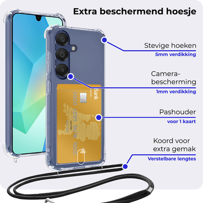 Samsung A16 Hoesje Kaarthouder met Koord Backcover Shockproof - Transparant