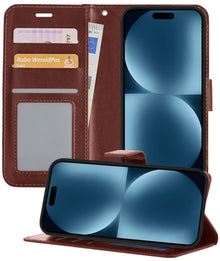 iPhone 15 Hoesje Bookcase Cover met Kaarthouder - Bruin