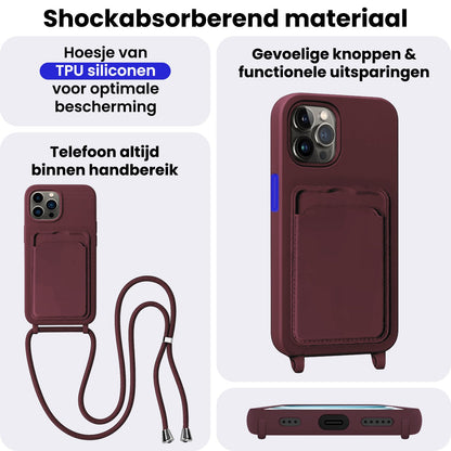 iPhone 15 Pro Hoesje Met Telefoonkoord en Pasjeshouder Siliconen - Aubergine