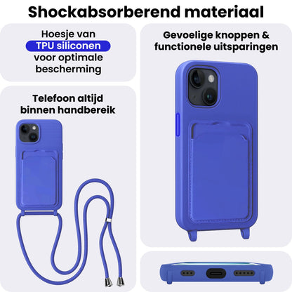 iPhone 15 Plus Hoesje Met Telefoonkoord en Pasjeshouder Siliconen - Felblauw