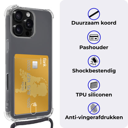 iPhone 16 Pro Max Hoesje Kaarthouder met Koord Backcover Shockproof - Transparant