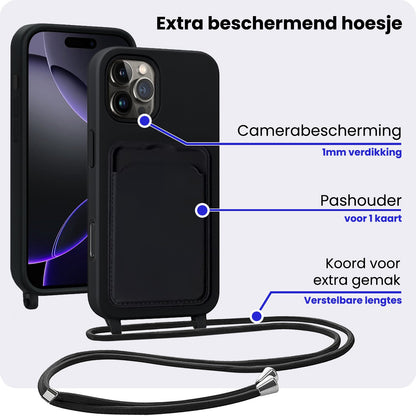 iPhone 16 Pro Max Hoesje Met Telefoonkoord en Pasjeshouder Siliconen - Zwart